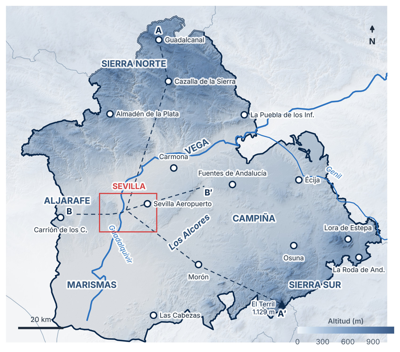Figura 1. Relieve de la provincia de Sevilla, grandes unidades del territorio y estaciones meteorológicas utilizadas en este estudio. Las líneas A–A′ y B–B′ corresponden a los perfiles de las figuras 3 y 4; el recuadro rojo, al área metropolitana de la figura 2.