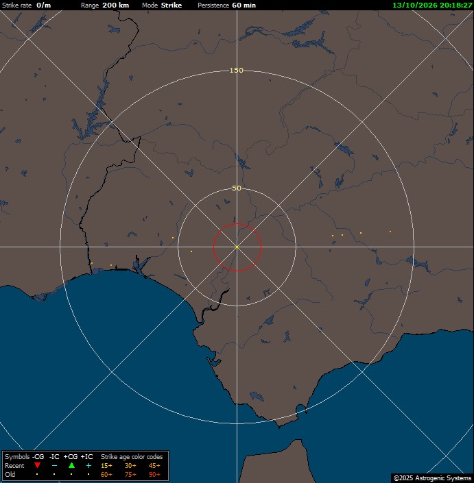 Mapa de actividad eléctrica del detector Boltek StormTracker mediante NexStorm