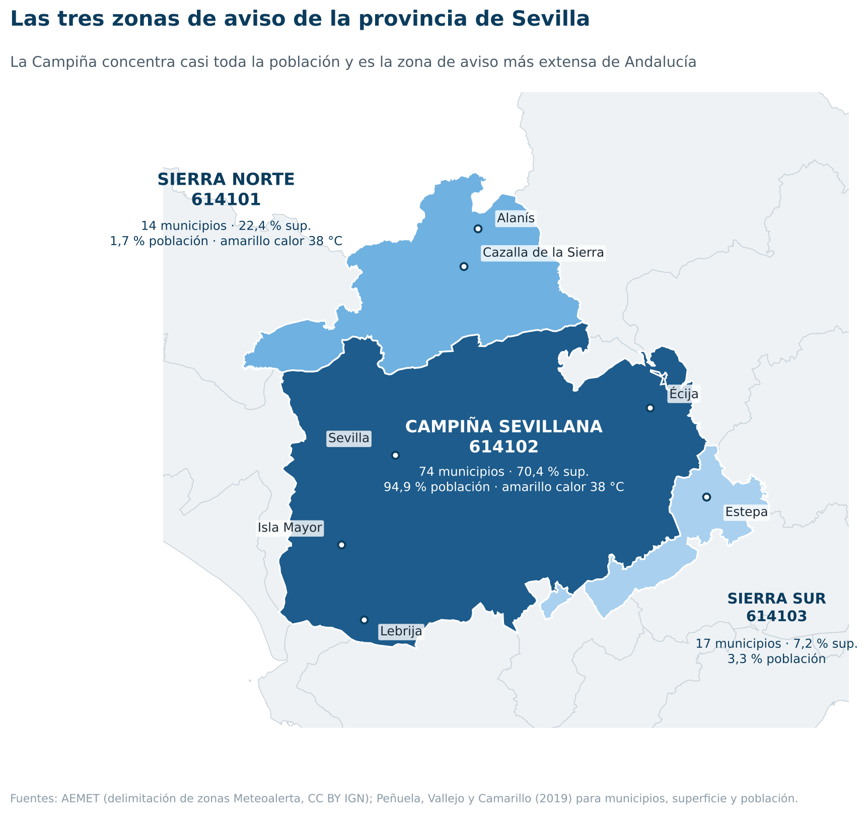 Zonas de aviso de Meteoalerta en la provincia de Sevilla. Fuentes: AEMET (delimitación oficial, CC BY IGN); Peñuela, Vallejo y Camarillo (2019).