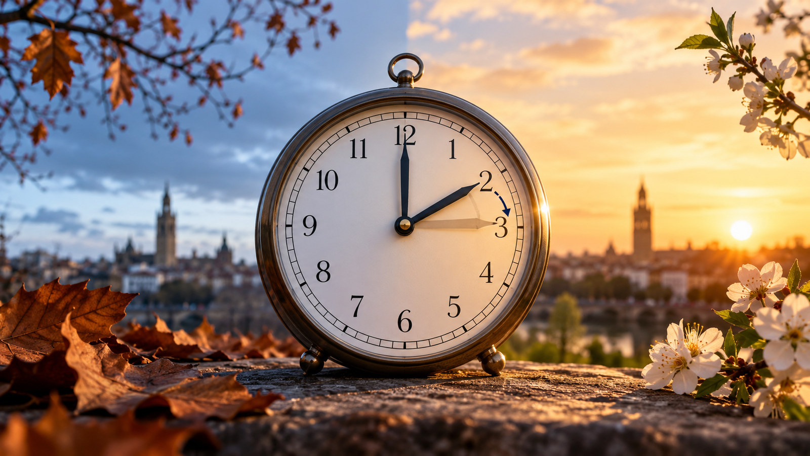 Reloj analógico con una flecha que señala el adelanto de una hora, acompañado de luz de mañana y de atardecer, como representación del cambio estacional de hora