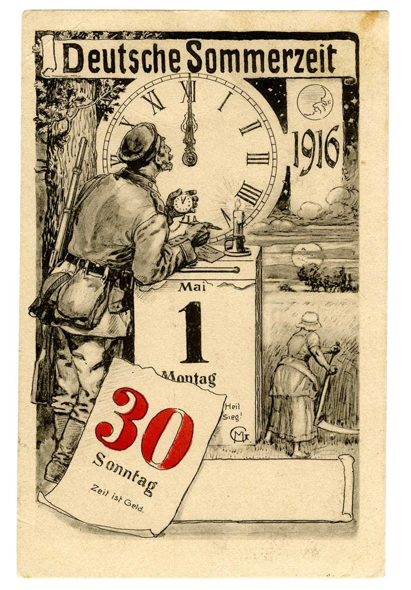 <em>Figura 2.2 · Postal conmemorativa de la introducción de la «hora de verano alemana» el 30 de abril de 1916. En la hoja del calendario se lee «Zeit ist Geld» (el tiempo es dinero). Deutsc