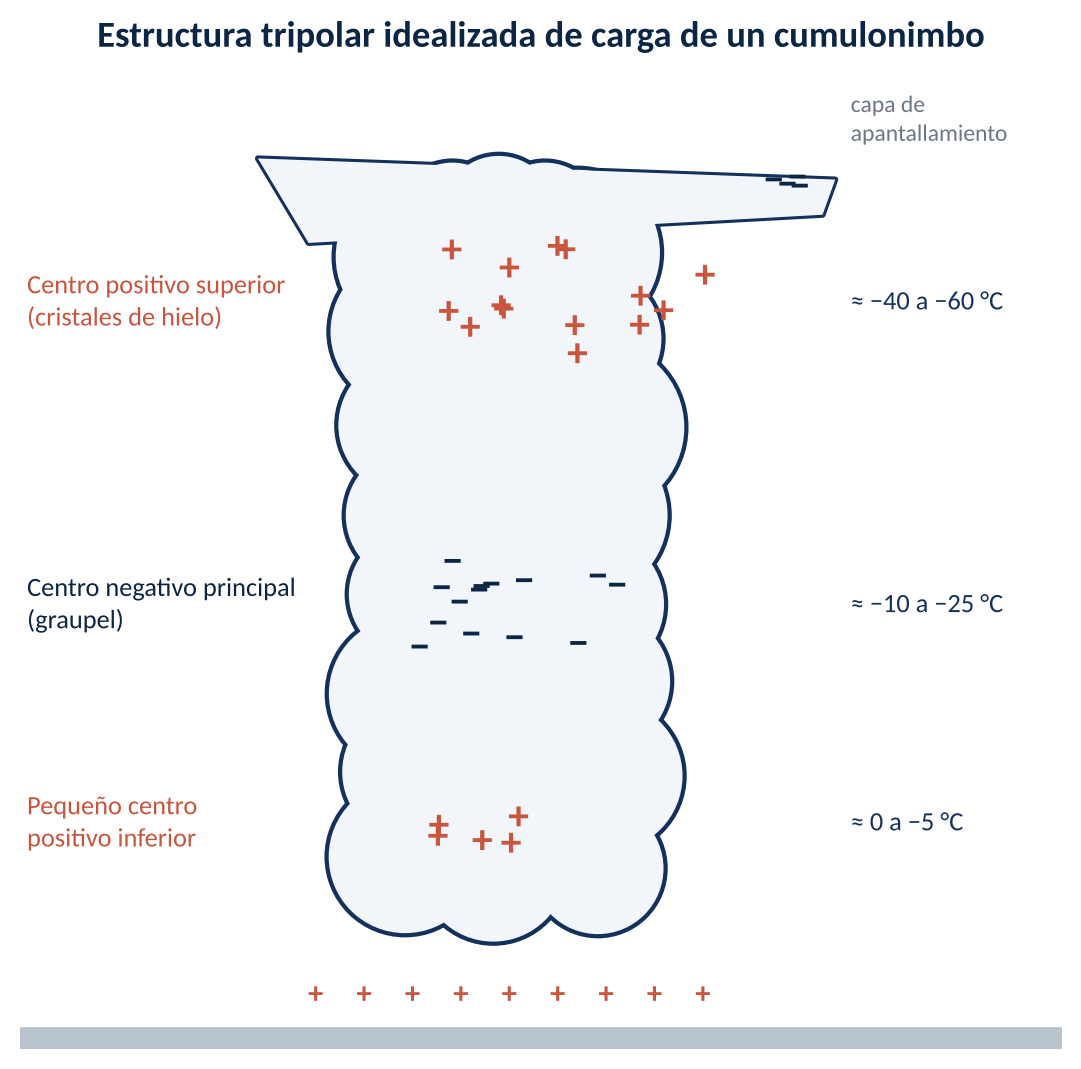 Estructura tripolar idealizada de carga de un cumulonimbo, con el rango aproximado de temperaturas de cada centro. Elaboración propia a partir de Williams (1989) y MacGorman y Rust (1998).