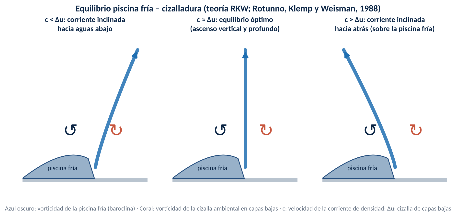 Representación esquemática del equilibrio entre la circulación de la piscina fría y la cizalladura ambiental de capas bajas según la teoría RKW. Elaboración propia a partir de Rotunno et al. (1988) y