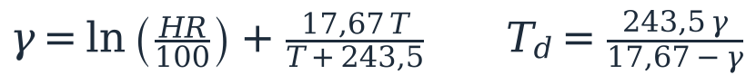 Cálculo del punto de rocío con la fórmula de Magnus: gamma igual a logaritmo natural de HR entre 100 más 17,67 T dividido entre T más 243,5; Td igual a 243,5 gamma dividido entre 17,67 menos gamma.