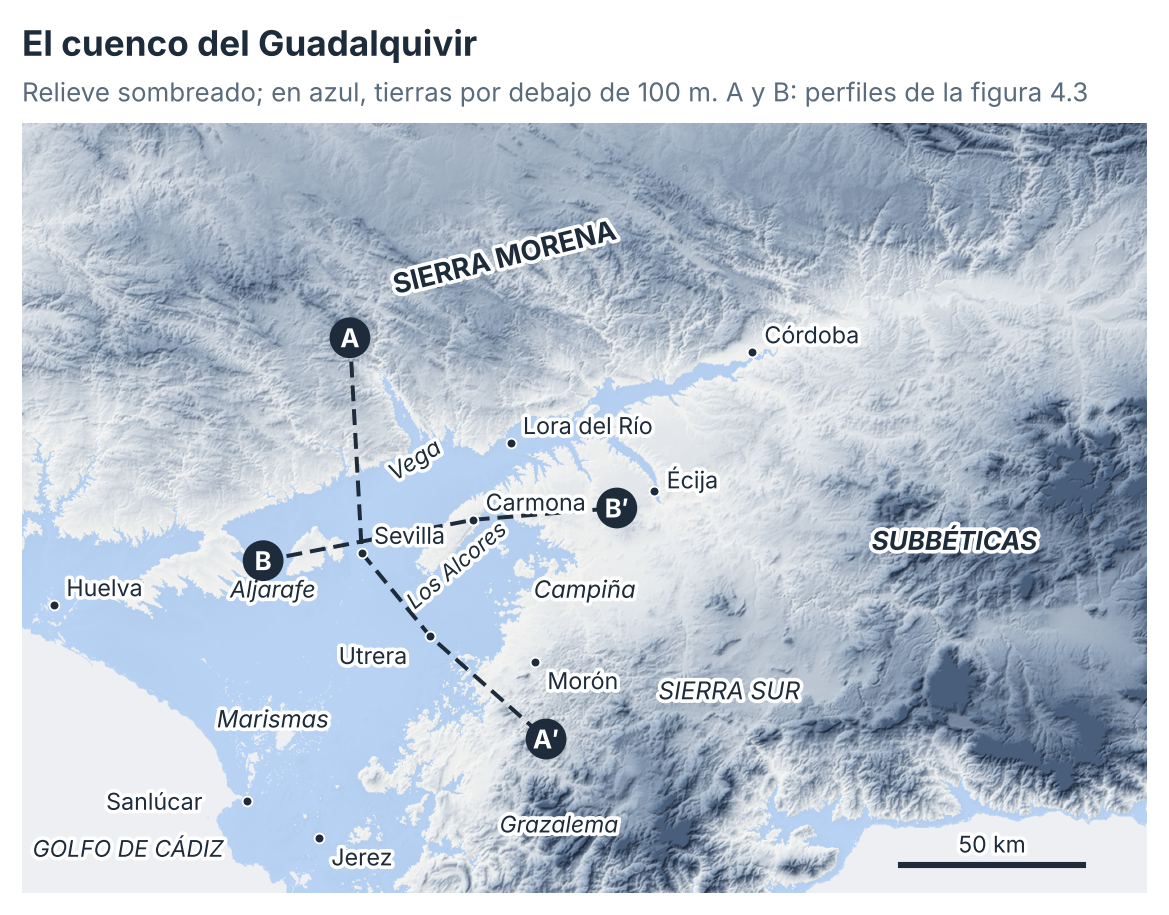 Relieve del bajo y medio Guadalquivir con las tierras por debajo de 100 m resaltadas en azul: el fondo del cuenco, donde se embalsa el aire frío y se forma la mayor parte de la niebla. Modelo digital de elevaciones Terrarium (Mapzen/AWS, da