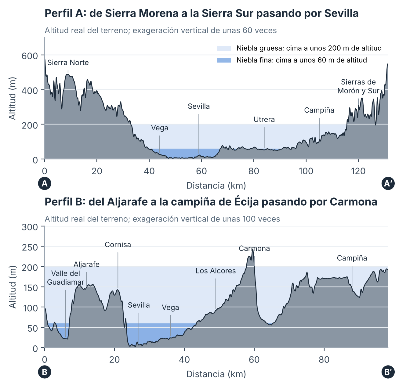 Perfiles topográficos reales a lo largo de las líneas A y B de la figura 4.2. Las bandas azules indican hasta dónde llegaría una niebla fina (cima a unos 60 m de altitud) y una gruesa (cima a unos 200 m). Modelo digital de elevaciones Terra